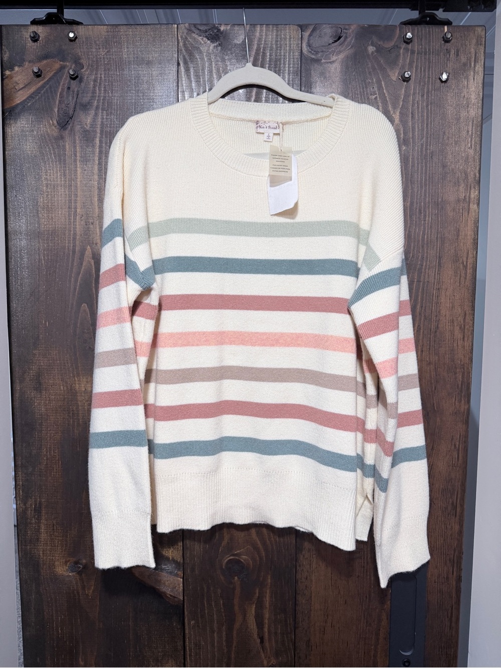 Hem & Thread Cream Crewneck Sweater with Blue, Pink and Tan Stripes